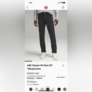 Lululemon ABC Classic Fit Pant 32” Warpstreme